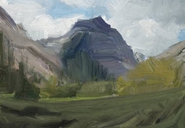 Renkli yeşil kırsal alan ve çim. Yaz zamanı. 2d illüstrasyon. Yağlıboya manzara sanatı. Kırsal dağlık bölge.