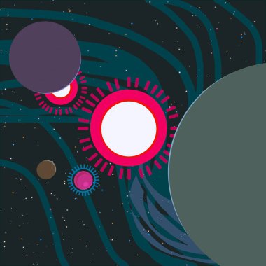 2D çizim. Çizgi film arkaplan resmi. Derin geniş uzay. Yıldızlar, gezegenler ve uydular. Çeşitli bilim kurgu yaratıcı arka planlar. Uzay sanatı. Yabancı güneş sistemleri. Gezegenler ve uydular..