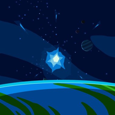 2D çizim. Çizgi film arkaplan resmi. Derin geniş uzay. Yıldızlar, gezegenler ve uydular. Çeşitli bilim kurgu yaratıcı arka planlar. Uzay sanatı. Yabancı güneş sistemleri. Gezegenler ve uydular..