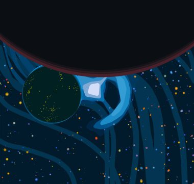 2D çizim. Çizgi film arkaplan resmi. Derin geniş uzay. Yıldızlar, gezegenler ve uydular. Çeşitli bilim kurgu yaratıcı arka planlar. Uzay sanatı. Yabancı güneş sistemleri. Gezegenler ve uydular..