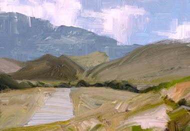 2d illüstrasyon. Yağlıboya manzara sanatı. Kırsal dağlık bölge. Renkli yeşil alan ve çimen. Yaz zamanı. Kırsal.