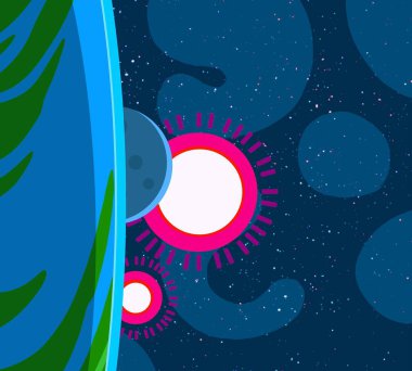 2D çizim. Çizgi film arkaplan resmi. Derin geniş uzay. Yıldızlar, gezegenler ve uydular. Çeşitli bilim kurgu yaratıcı arka planlar. Uzay sanatı. Yabancı güneş sistemleri. Gezegenler ve uydular..