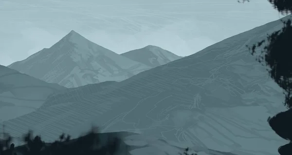 2d illustration. Mountains Scotland. Digital painting art. Hand made drawing.