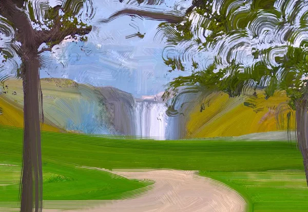 Illustration Oil Painting Landscape Art Rural Mountain Region Colorful Green — Stock Photo, Image