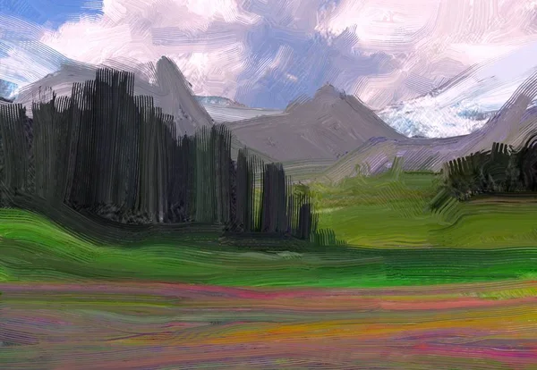 Ilustração Pintura Óleo Arte Paisagem Região Montanhosa Rural Campo Verde — Fotografia de Stock