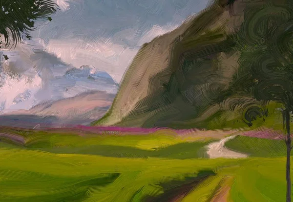 2d illustration. Oil painting landscape art. Rural mountain region. Colorful green field and grass. Summer time. Countryside.