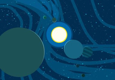 2d illüstrasyon. Karikatür uzay arka plan resmi. Derin yıldızlararası uzay. Yıldızlar, gezegenler ve uydular. Çeşitli bilim kurgu yaratıcı fon. Çocuklar için uzay sanatı illüstrasyon.