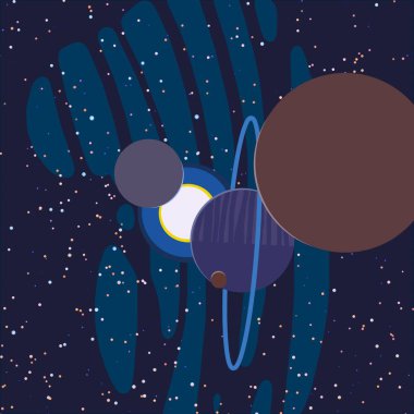 2d illüstrasyon. Karikatür stil boşluk resmi çizin. Derin geniş alan. Yıldızlar, gezegenler ve uydular. Çeşitli bilim kurgu yaratıcı fon. Uzay sanatı. Uzaylı güneş sistemleri. Gezegenler ve Uydular.