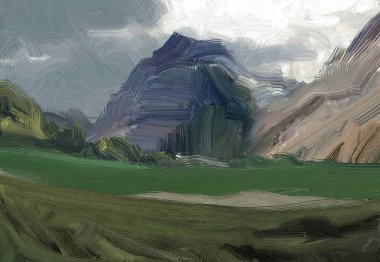 Renkli yeşil kırsal alan ve çim. Yaz zamanı. 2d illüstrasyon. Yağlıboya manzara sanatı. Kırsal dağlık bölge.