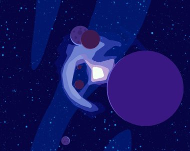 2D çizim. Çizgi film görüntüsü. Derin yıldızlar arası uzay. Yıldızlar, gezegenler ve uydular. Çeşitli bilim kurgu yaratıcı arka planlar. Uzay sanatı. Hayali kozmik fon. Gezegenler ve Aylar..