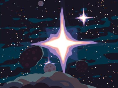 2D çizim. Çizgi film görüntüsü. Derin yıldızlar arası uzay. Yıldızlar, gezegenler ve uydular. Çeşitli bilim kurgu yaratıcı arka planlar. Uzay sanatı. Hayali kozmik fon. Gezegenler ve Aylar..