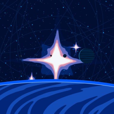 2D çizim. Çizgi film görüntüsü. Derin yıldızlar arası uzay. Yıldızlar, gezegenler ve uydular. Çeşitli bilim kurgu yaratıcı arka planlar. Uzay sanatı. Hayali kozmik fon. Gezegenler ve Aylar..