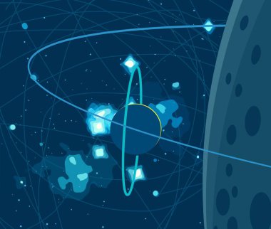 2D çizim. Çizgi film görüntüsü. Derin yıldızlar arası uzay. Yıldızlar, gezegenler ve uydular. Çeşitli bilim kurgu yaratıcı arka planlar. Uzay sanatı. Hayali kozmik fon. Gezegenler ve Aylar..