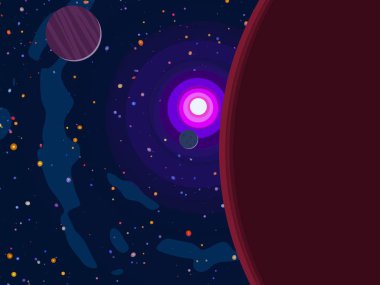 2D çizim. Çizgi film görüntüsü. Derin yıldızlar arası uzay. Yıldızlar, gezegenler ve uydular. Çeşitli bilim kurgu yaratıcı arka planlar. Uzay sanatı. Hayali kozmik fon. Gezegenler ve Aylar..