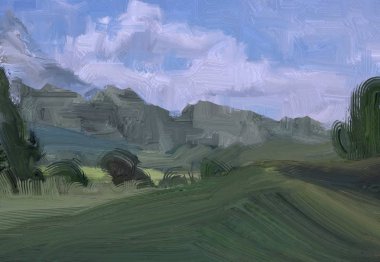 2d illüstrasyon. Yağlıboya manzara sanatı. Kırsal dağlık bölge. Renkli yeşil alan ve çimen. Yaz zamanı. Kırsal.