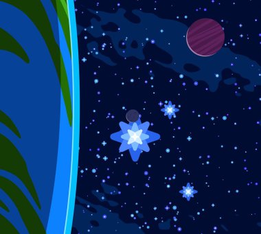 2D çizim. Çizgi film görüntüsü. Derin yıldızlar arası uzay. Yıldızlar, gezegenler ve uydular. Çeşitli bilim kurgu yaratıcı arka planlar. Uzay sanatı. Hayali kozmik fon. Gezegenler ve Aylar..