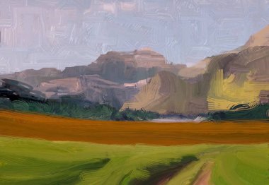 2d illüstrasyon. Yağlıboya manzara sanatı. Kırsal dağlık bölge. Renkli yeşil alan ve çimen. Yaz zamanı. Kırsal.