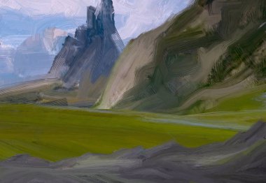 2d illüstrasyon. Yağlıboya manzara sanatı. Kırsal dağlık bölge. Renkli yeşil alan ve çimen. Yaz zamanı. Kırsal.