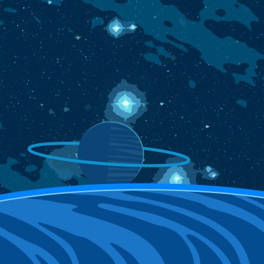 2D çizim. Çizgi film görüntüsü. Derin yıldızlar arası uzay. Yıldızlar, gezegenler ve uydular. Çeşitli bilim kurgu yaratıcı arka planlar. Uzay sanatı. Hayali kozmik fon. Gezegenler ve Aylar..