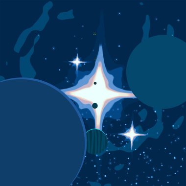 2D çizim. Çizgi film görüntüsü. Derin yıldızlar arası uzay. Yıldızlar, gezegenler ve uydular. Çeşitli bilim kurgu yaratıcı arka planlar. Uzay sanatı. Hayali kozmik fon. Gezegenler ve Aylar..