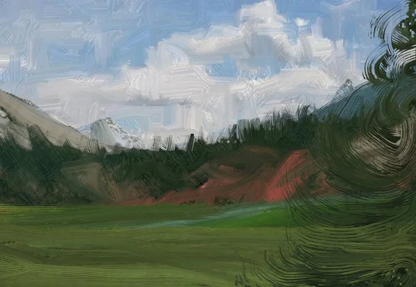 Farbenfrohe Grüne Landschaft Feld Und Gras Sommerzeit Abbildung Ölgemälde Landschaftskunst — Stockfoto