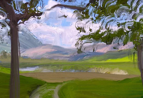 2d illustration. Oil painting landscape art. Rural mountain region. Colorful green field and grass. Summer time. Countryside.