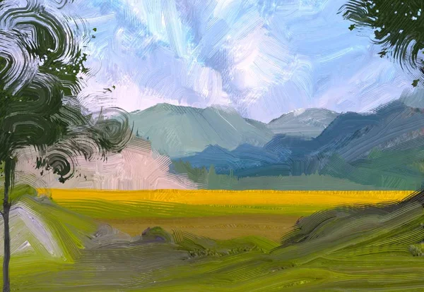 Abbildung Ölgemälde Landschaftskunst Ländliche Bergregion Bunte Grüne Wiese Und Gras — Stockfoto