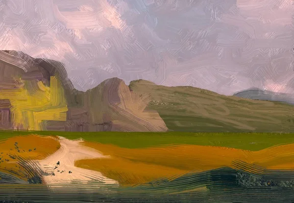 Ilustração Pintura Óleo Arte Paisagem Região Montanhosa Rural Campo Verde — Fotografia de Stock