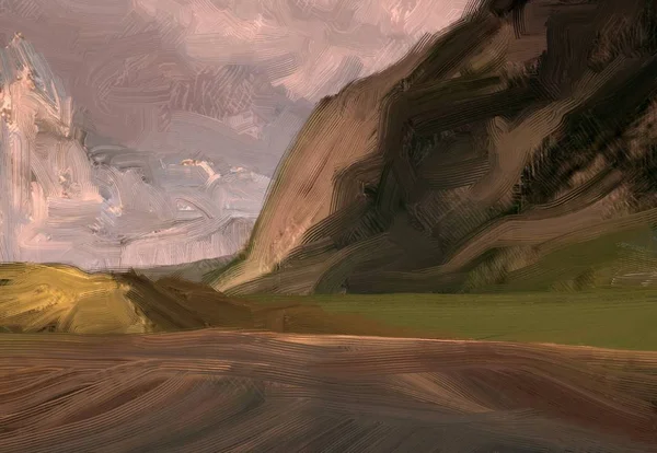 Иллюстрация Живопись Маслом Сельская Горная Область Цветные Зеленые Поля Трава — стоковое фото