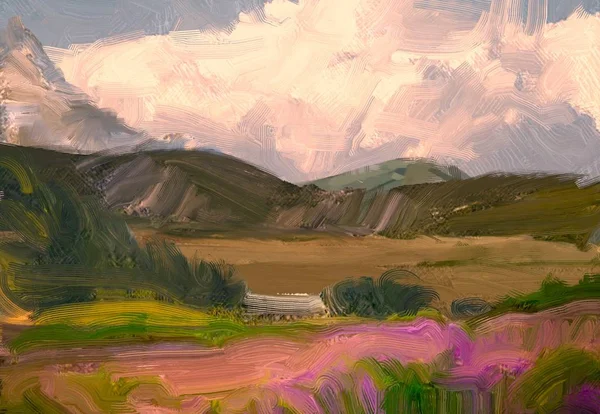 2d illustration. Oil painting landscape art. Rural mountain region. Colorful green countryside field and grass. Summer time.