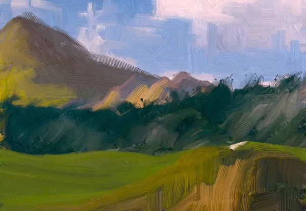 Illustrazione Pittura Olio Arte Paesaggistica Regione Rurale Montagna Campo Verde — Foto Stock