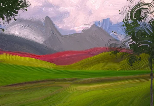 Ilustração Pintura Óleo Arte Paisagem Região Montanhosa Rural Campo Verde — Fotografia de Stock