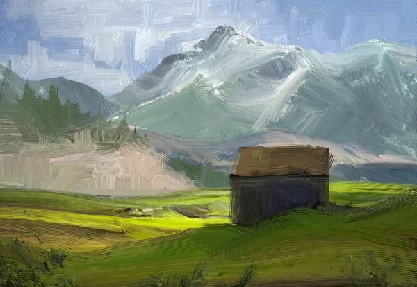Ilustrație Pictura Ulei Peisaj Artă Regiunea Montană Rurală Câmp Rural — Fotografie, imagine de stoc