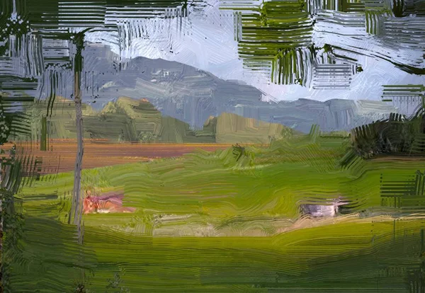 Ilustração Pintura Óleo Arte Paisagem Região Montanhosa Rural Campo Verde — Fotografia de Stock