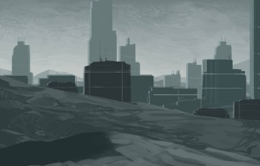 2d illüstrasyon. Gökdelen şehir metropol. Dijital sanat. El yapımı dijital boyama.