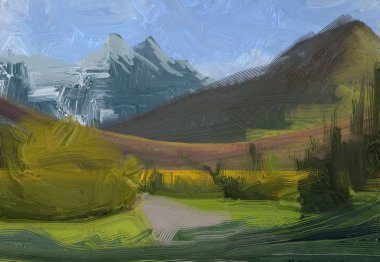 Renkli yeşil kırsal alan ve çim. Yaz zamanı. 2d illüstrasyon. Yağlıboya manzara sanatı. Kırsal dağlık bölge.