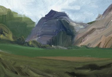 Renkli yeşil kırsal alan ve çim. Yaz zamanı. 2d illüstrasyon. Yağlıboya manzara sanatı. Kırsal dağlık bölge.