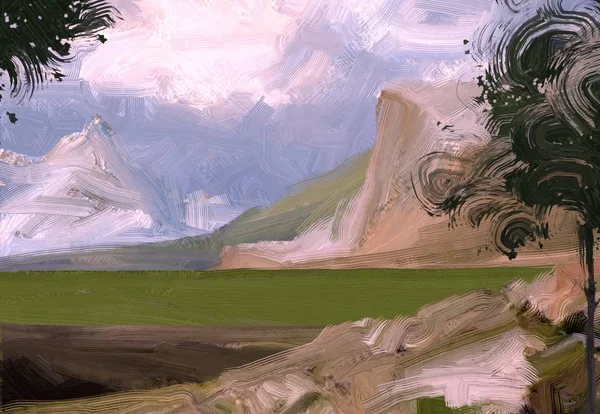 Illüstrasyon Yağlıboya Manzara Sanatı Kırsal Dağlık Bölge Renkli Yeşil Alan — Stok fotoğraf