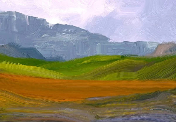 Illustration Oil Painting Landscape Art Rural Mountain Region Colorful Green — Stock Photo, Image