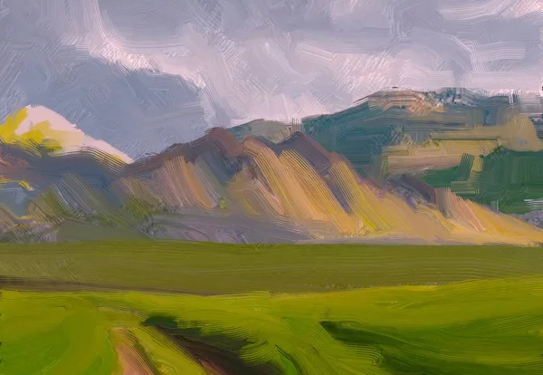 Illustration Oil Painting Landscape Art Rural Mountain Region Colorful Green — Stock Photo, Image