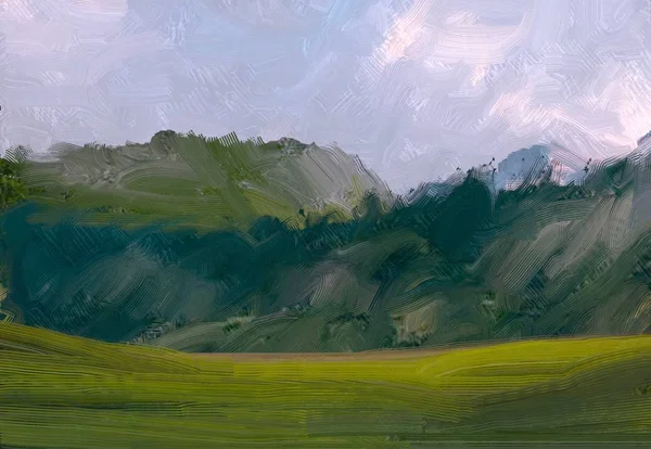 Illustrazione Pittura Olio Arte Paesaggistica Regione Rurale Montagna Campo Verde — Foto Stock