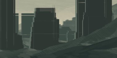 2d illüstrasyon. Gökdelen fütüristik şehir metropol. Dijital sanat. El yapımı dijital boyama. 