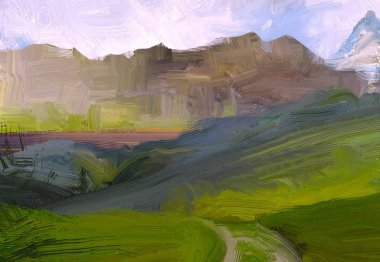 2d illüstrasyon. Yağlıboya manzara sanatı. Kırsal dağlık bölge. Renkli yeşil alan ve çimen. Yaz zamanı. Kırsal.