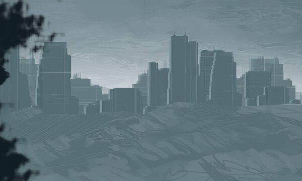 2d illustration. Skyscraper city metropolis. Digital art. Handmade digital painting.