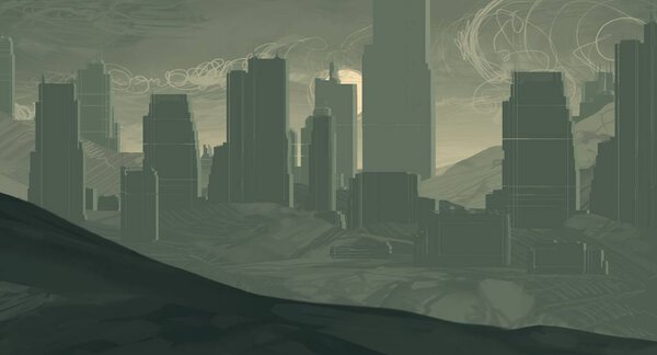 2d illustration. Skyscraper futuristic city metropolis. Digital art. Handmade digital painting. Sunset.