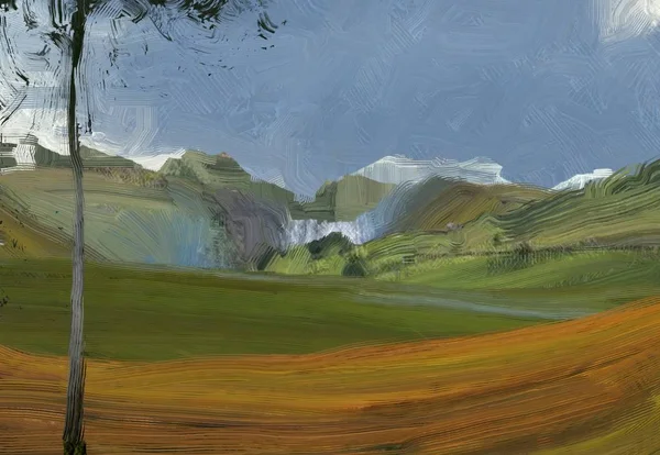 Colorato Campo Campagna Verde Erba Ora Legale Illustrazione Pittura Olio — Foto Stock