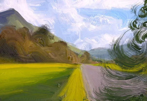 2d illustration. Oil painting landscape art. Rural mountain region. Colorful green field and grass. Summer time. Countryside.