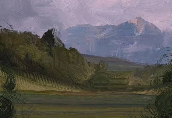 Illustrazione Pittura Olio Arte Paesaggistica Regione Rurale Montagna Campo Verde — Foto Stock