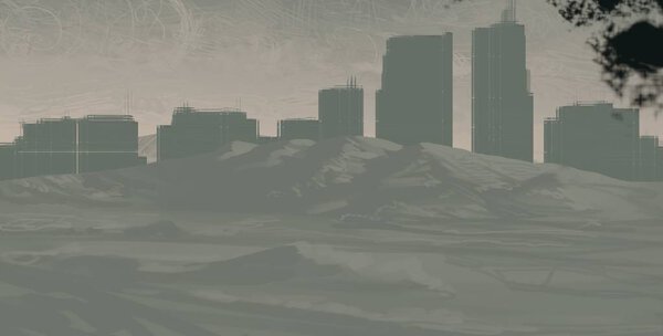 2d illustration. Skyscraper futuristic city metropolis. Digital art. Handmade digital painting.