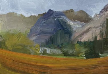 Renkli yeşil kırsal alan ve çim. Yaz zamanı. 2d illüstrasyon. Yağlıboya manzara sanatı. Kırsal dağlık bölge.